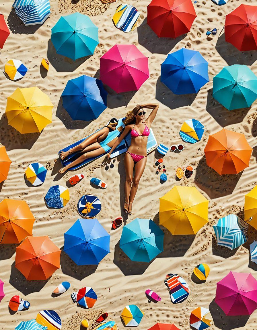A vibrant beach scene with a sunbather lounging in a stylish bikini, surrounded by colorful umbrellas and surfboards. Incorporate stacks of coins and swimwear pieces floating around like ocean waves, symbolizing savings and mortgage benefits. Use bright, cheerful colors to evoke a fun summer vibe. super-realistic. vibrant colors. tropical beach background.