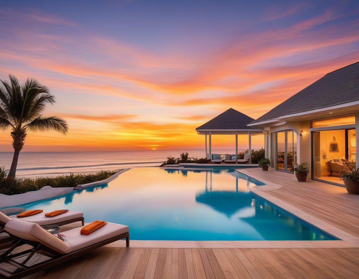 A beautiful oceanfront scene with a cozy, modern home elegantly positioned along the shoreline, showcasing a vibrant pool area with stylish swimwear hanging on a line. In the foreground, a family joyfully browsing property listings on a tablet, with sun hats and beach towels scattered nearby, symbolizing the fusion of dream homes and beach lifestyle. Radiant sunset colors fill the sky, reflecting on the water. super-realistic. vibrant colors. beach theme.
