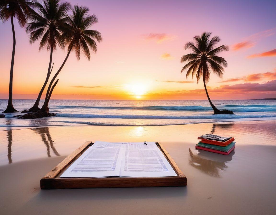 A serene beach scene with a long wooden pier extending into calm waters, symbolizing financial navigation. A chic bikini lay on the sand next to a calculator and open loan documents, representing bikini loans and home financing. Lush palm trees sway gently in the background, creating a calming atmosphere. The sun sets in vibrant orange and pink hues, reflecting on the water's surface, adding a touch of warmth and optimism. vector art. vibrant colors. white background.